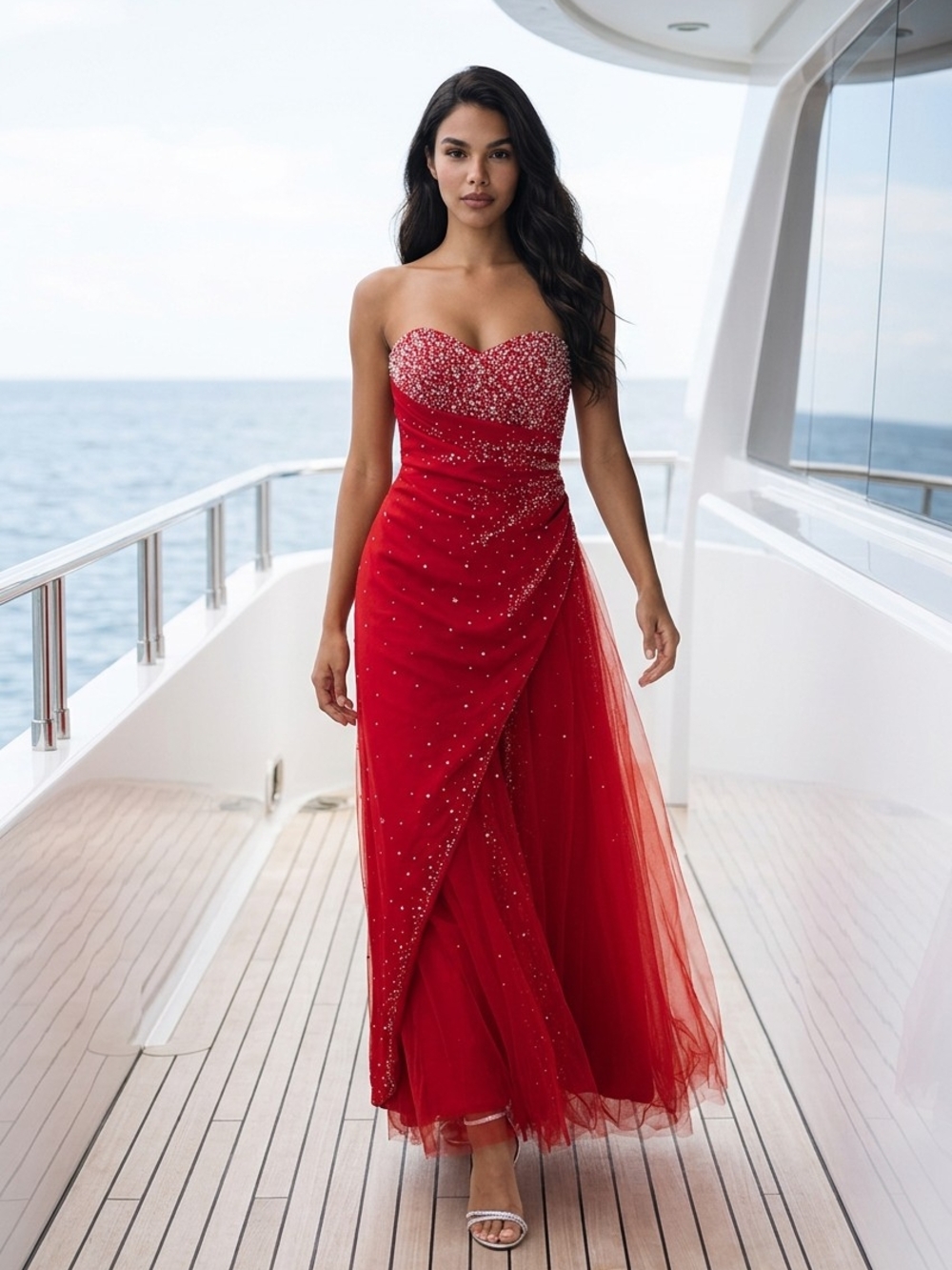 Mori Lee Strapless Red Beaded Evening Gown